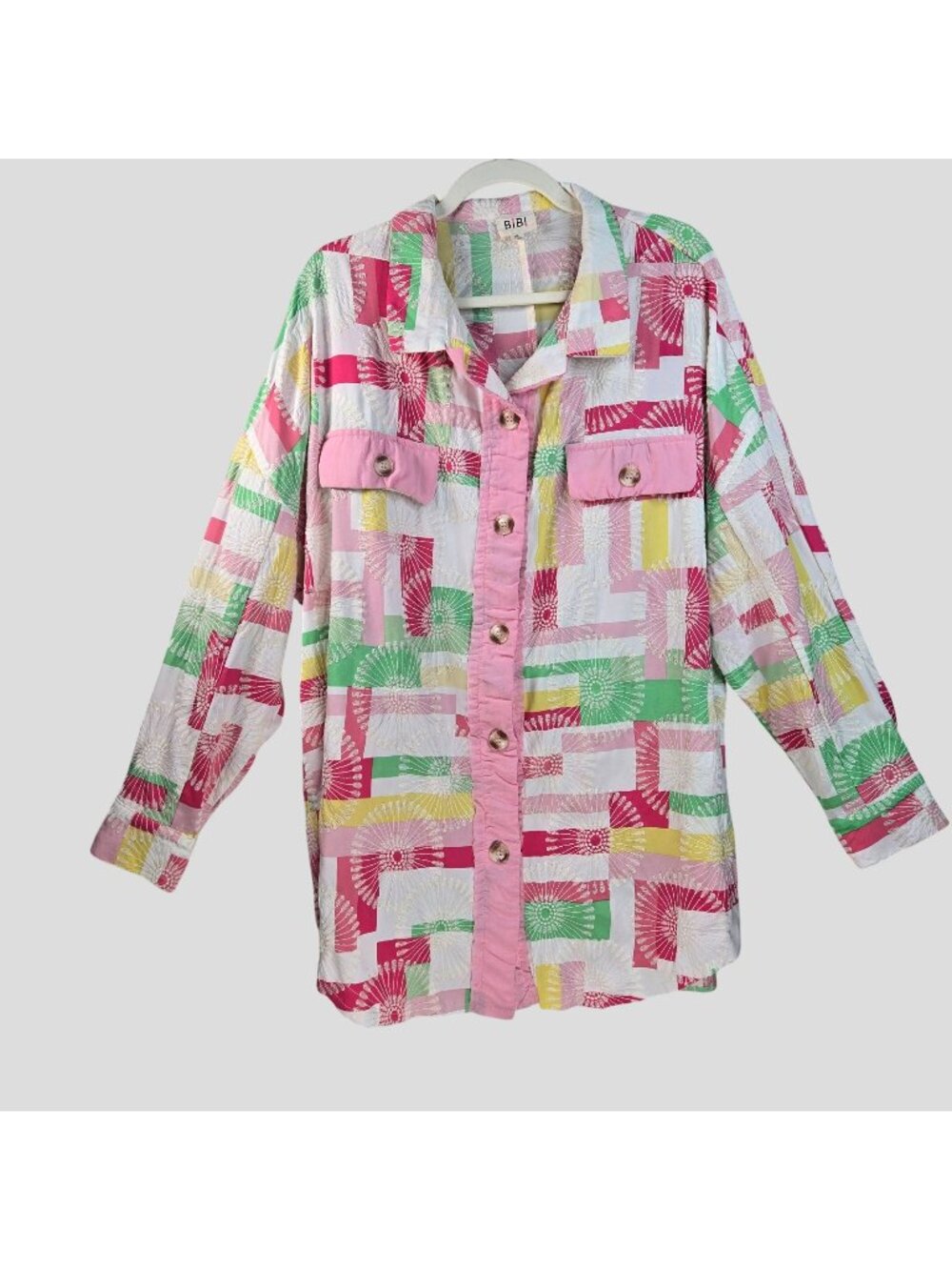 Patchwork Embroidered Button Down Shirt Jacket XL Multicolor Relaxed Hippie Top